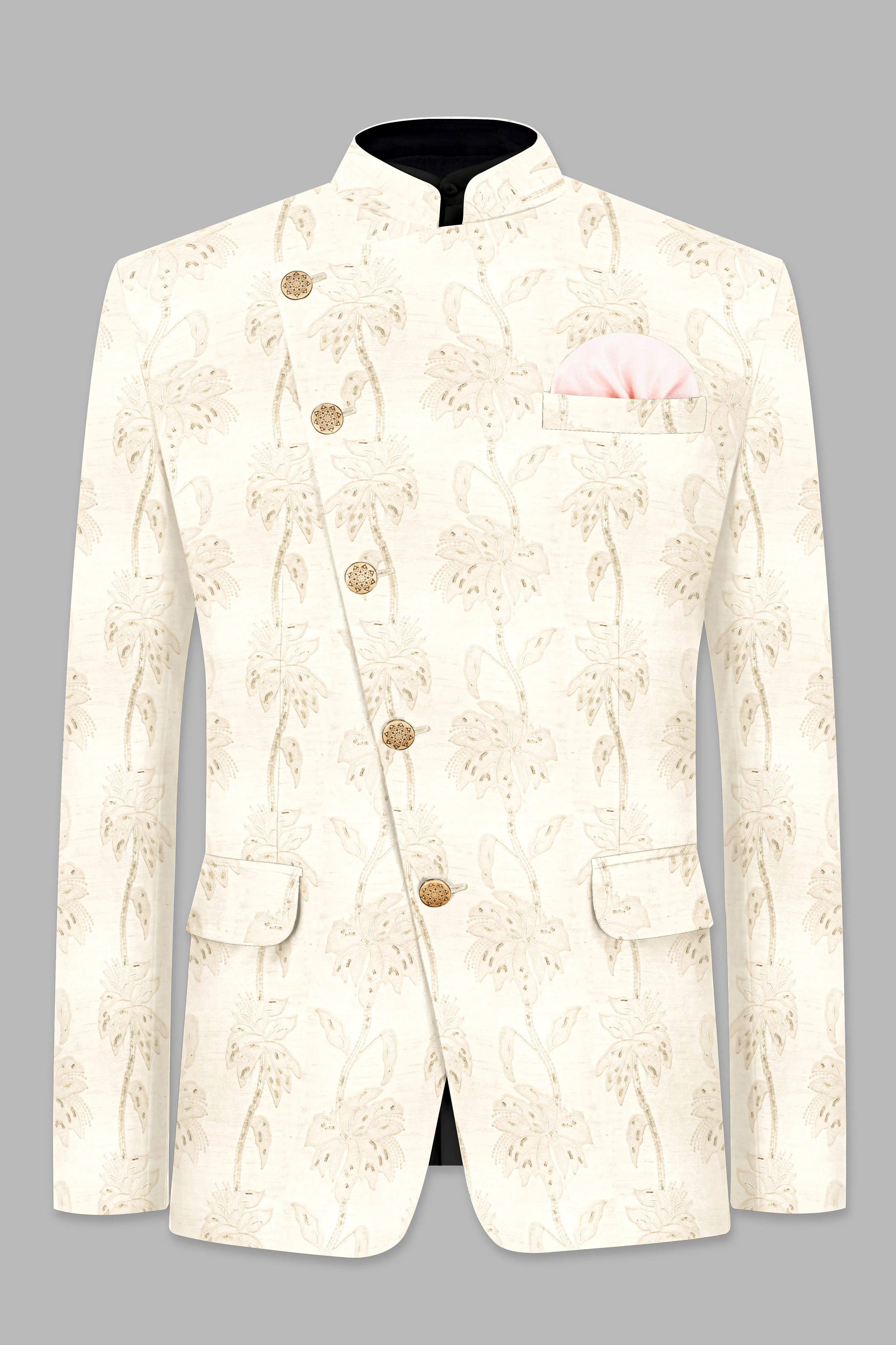 Almond Cream Designer Sequin And Thread Embroidered Cross Placket Bandhgala Jodhpuri