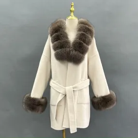 Beige/Chocolate Cashmere Coat With Faux Fur Trim