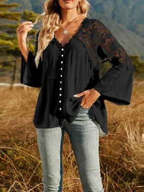 Button Down Lace Long Sleeve V Neck Blouse Loose Top