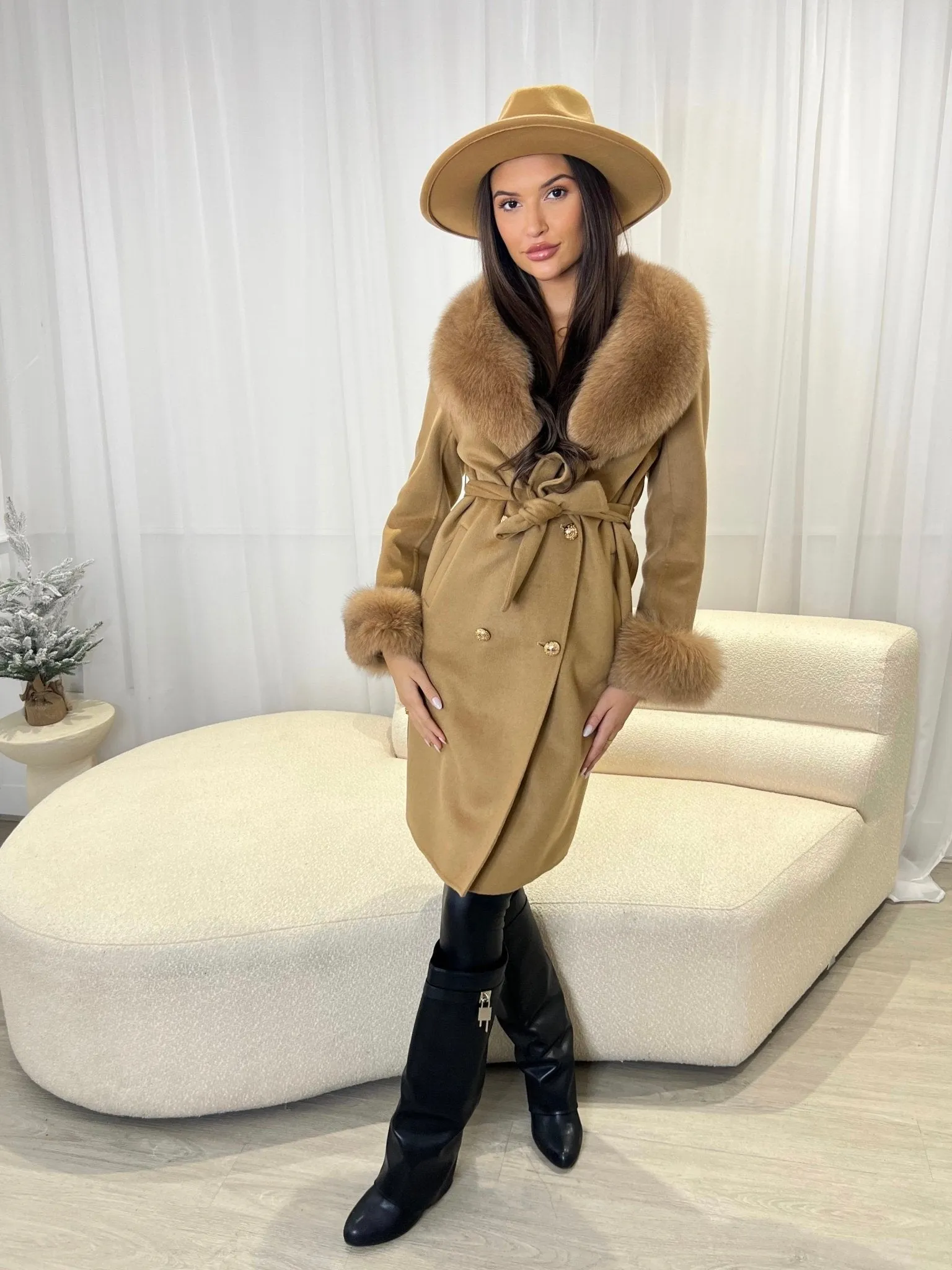 Camel Luxury Fur Cashmere Coat