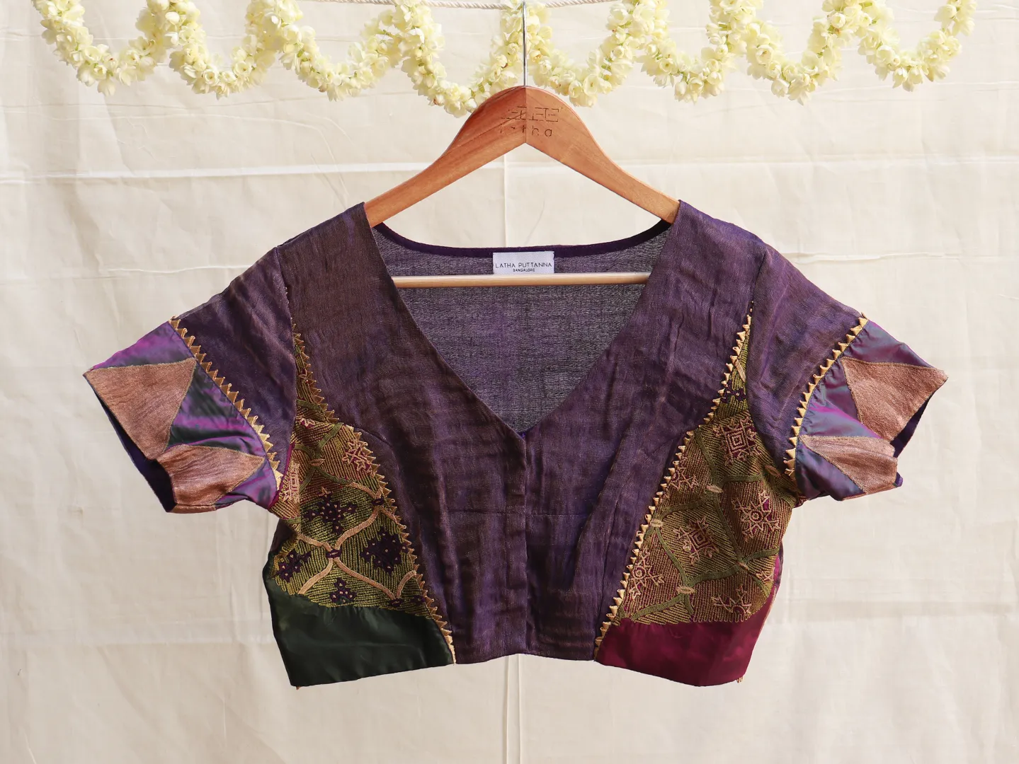 Eggplant Purple and seaweed green Hand embroidery blouse