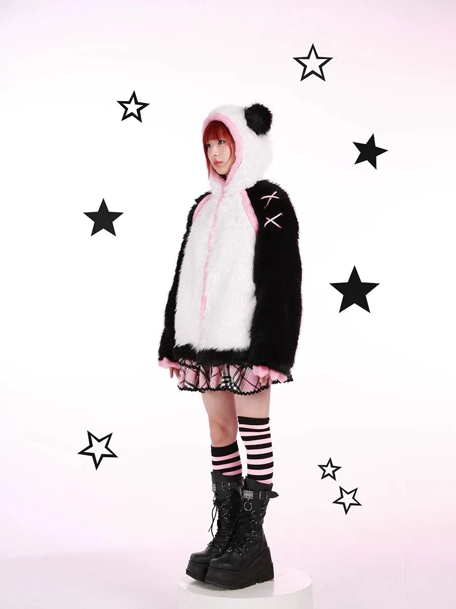 Evil Tooth Kawaii Panda Look Faux Fur Hoodie Coat Christmas