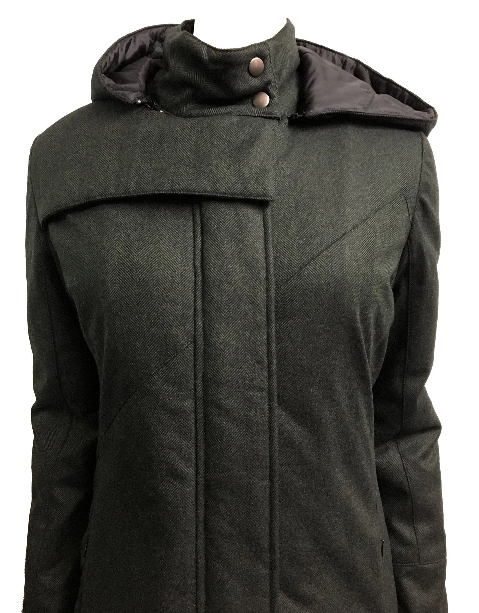 Hooded Mock Neck Zip Maxi Coat w/ Thinsulate Quilted Liner/ Green Wool Herringbone