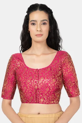 Naidu Hall Ethnic Jacquard Saree Blouse with Round Neck Elbow Sleeve - Magenta