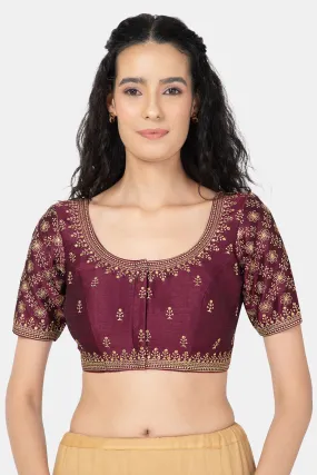 Naidu Hall Ethnic Saree Blouse with Round Neck Elbow Sleeves - Purple