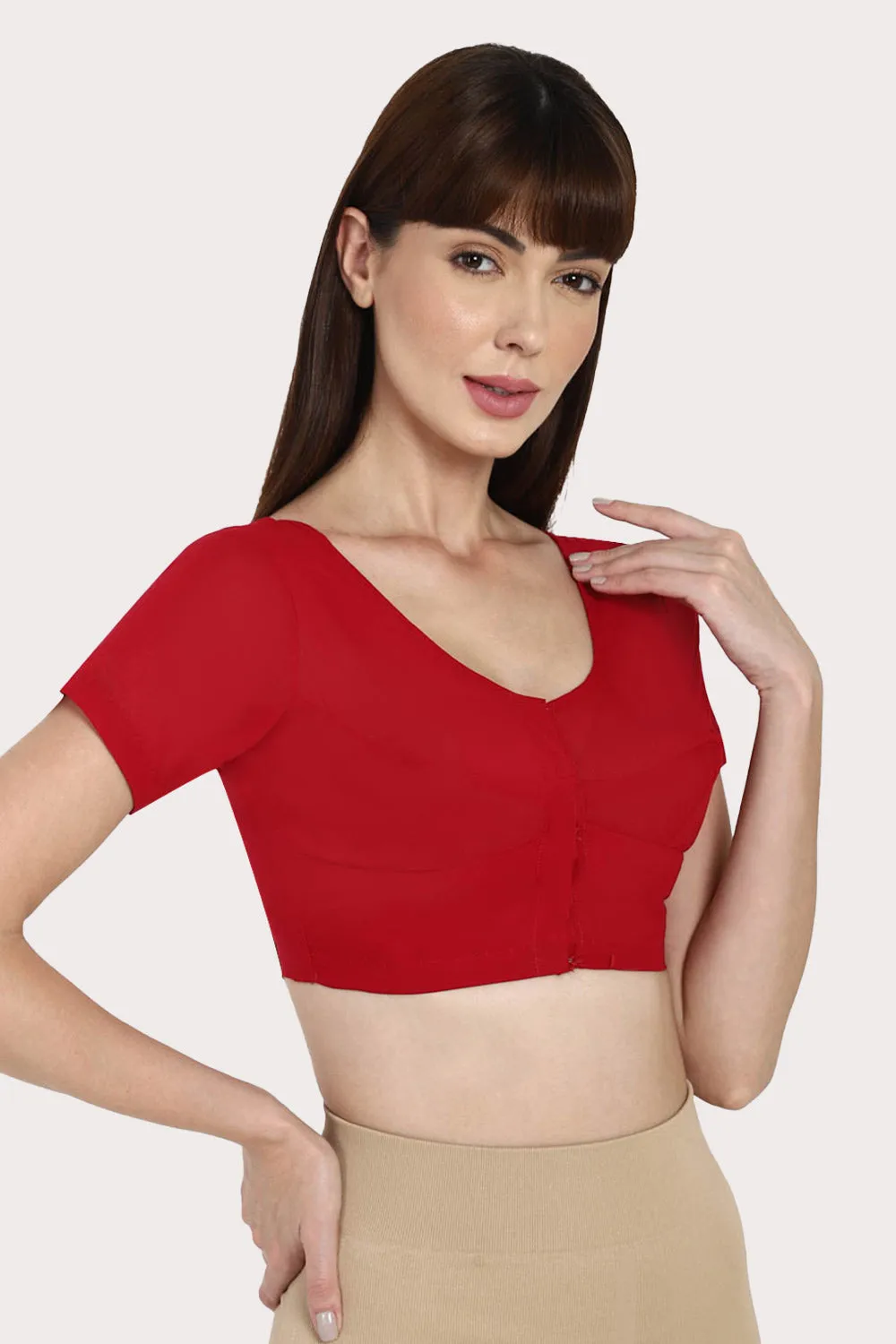 Naidu Hall Full Coverage Non-Padded Round Neck Short Sleeve Cotton Blouse - Dark Red