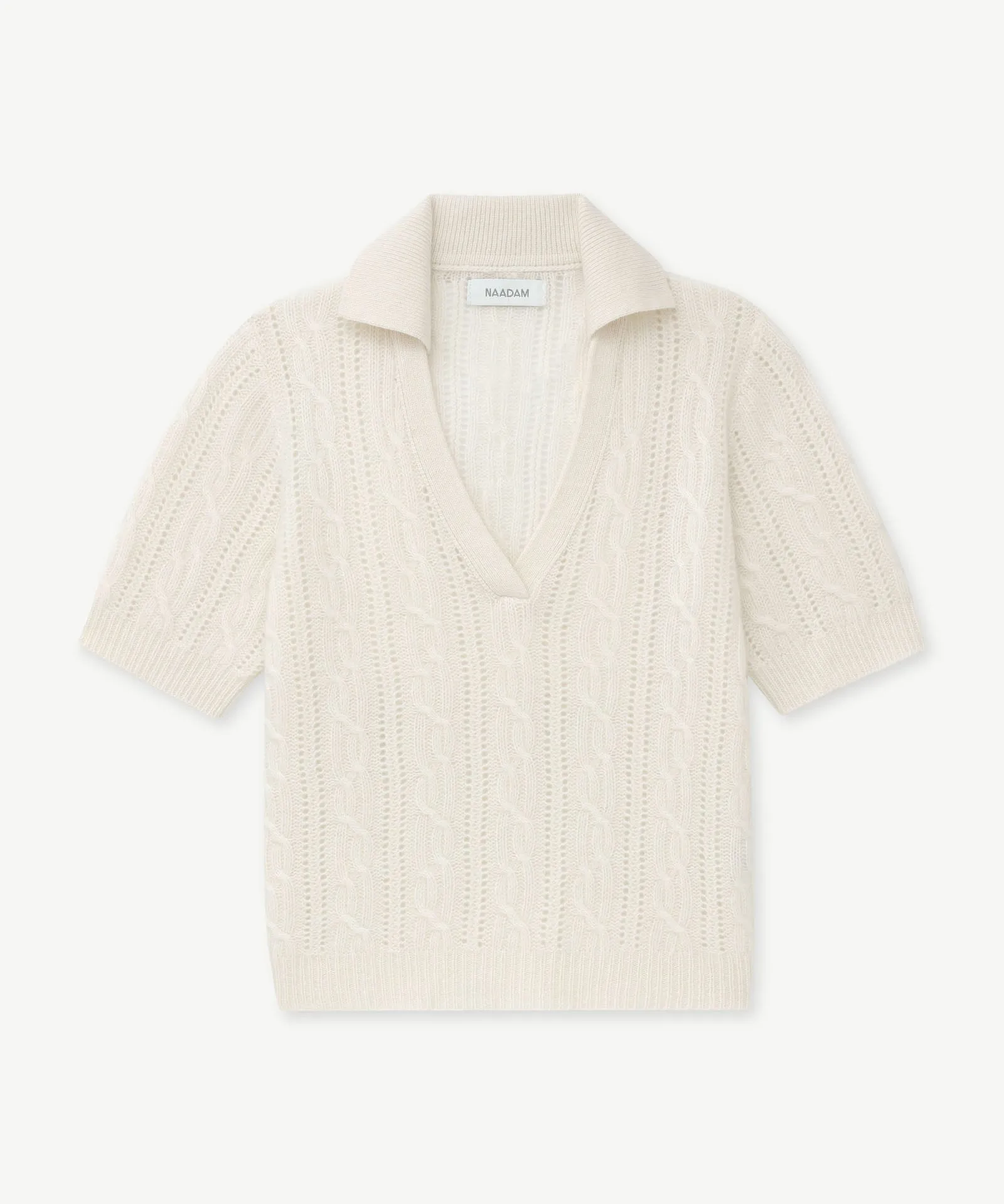 Premium Short-Sleeve Cashmere Polo with Open Cable Knit Design