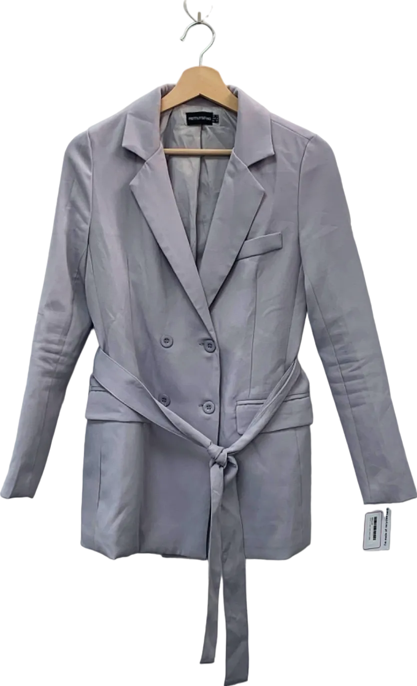 PRETTYLITTLETHING Grey Double Breasted Blazer with Tie Belt UK 4