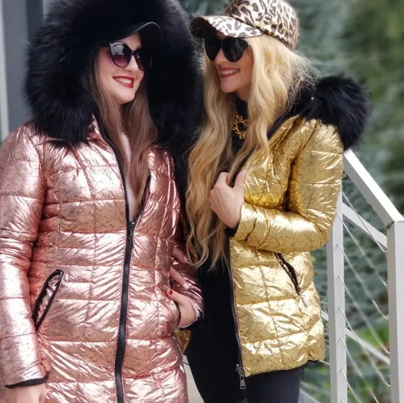 Reversible Pink Metallic Faux Fur Trim Coat