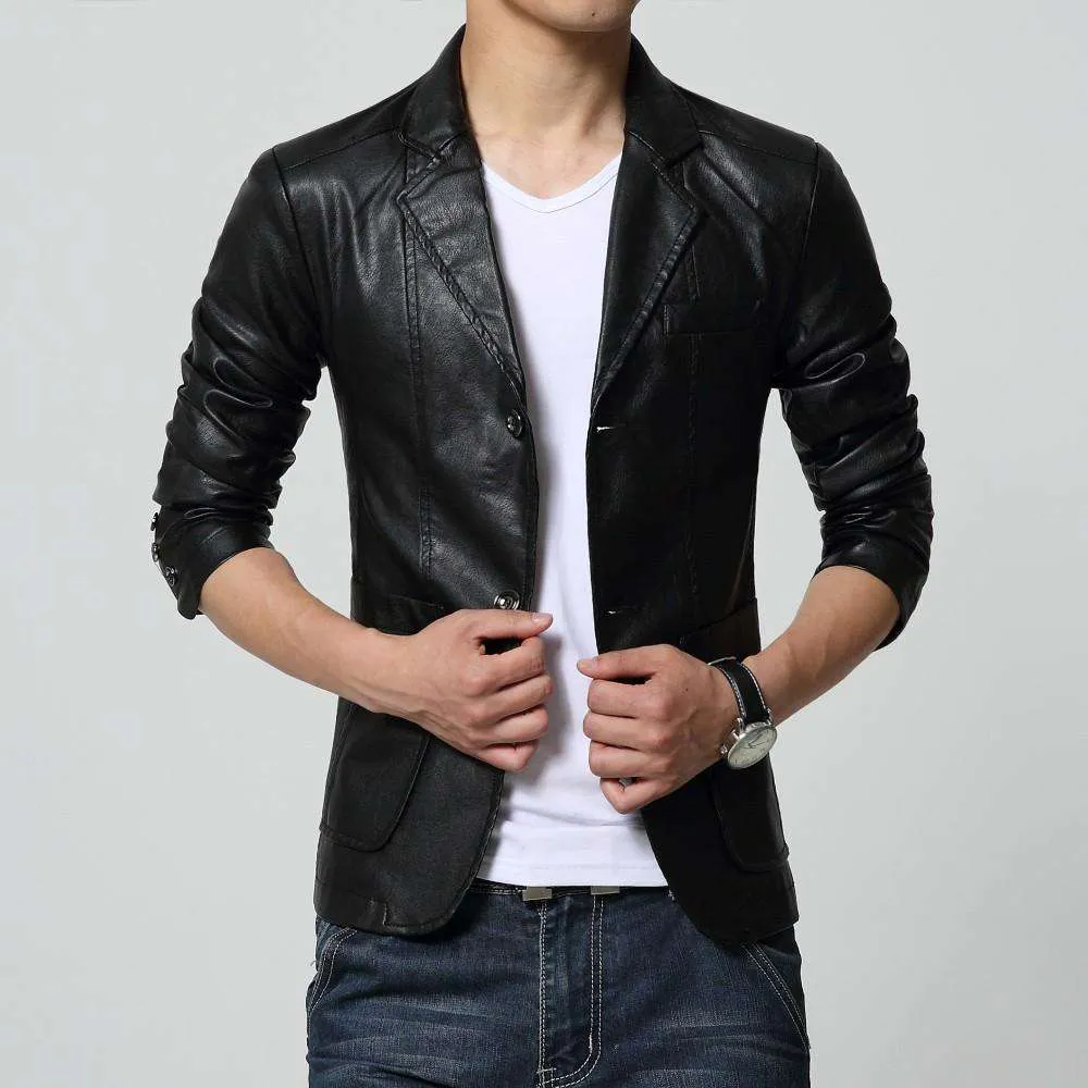 Turn-down Collar Slim Long Sleeve Two Buttons Leather Jacket