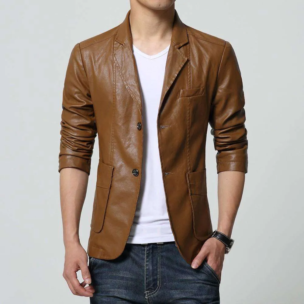 Turn-down Collar Slim Long Sleeve Two Buttons Leather Jacket