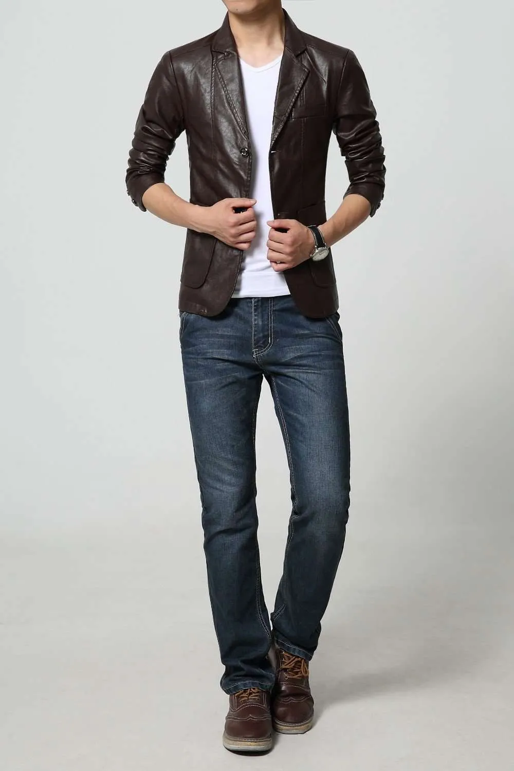 Turn-down Collar Slim Long Sleeve Two Buttons Leather Jacket