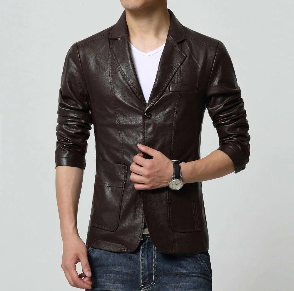 Turn-down Collar Slim Long Sleeve Two Buttons Leather Jacket