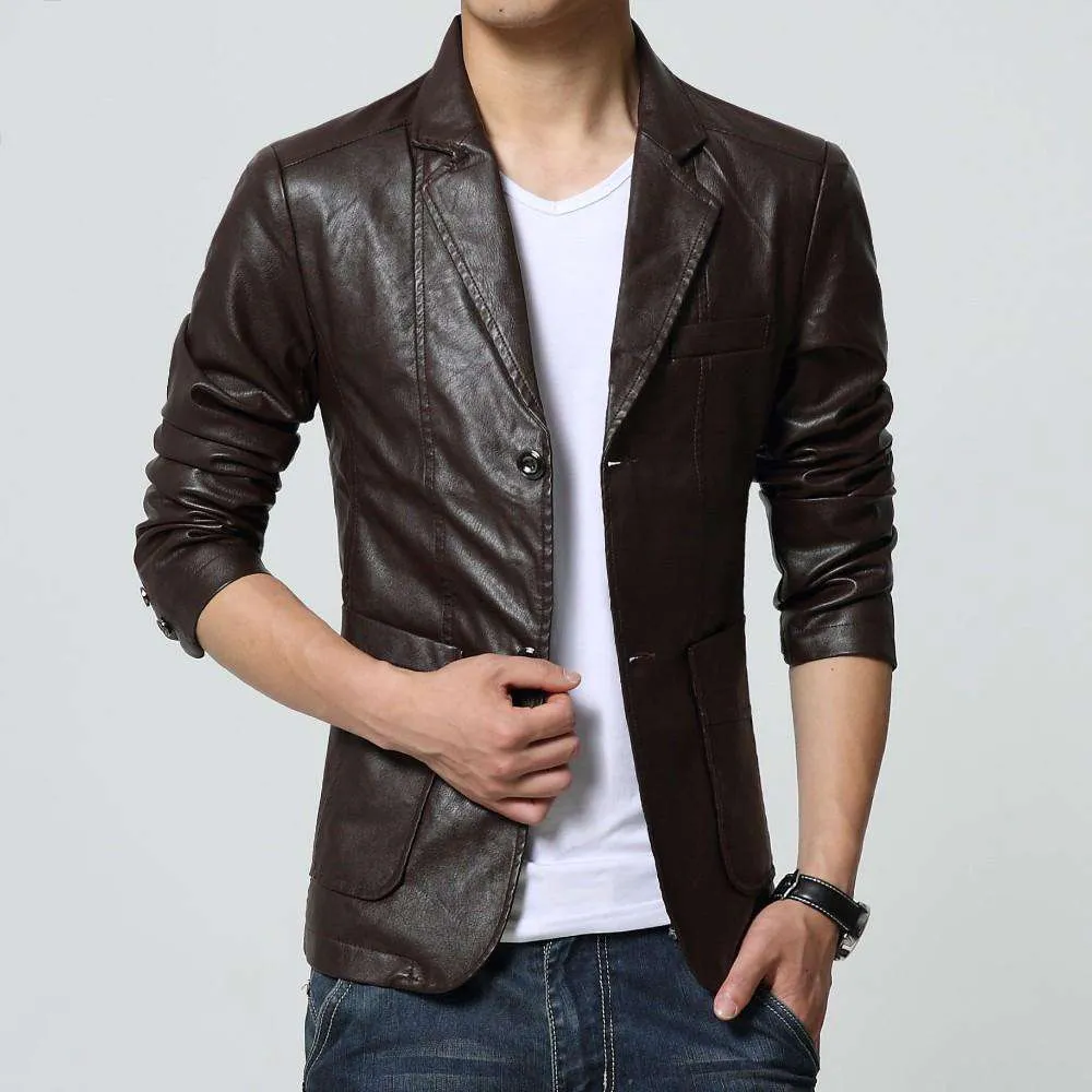 Turn-down Collar Slim Long Sleeve Two Buttons Leather Jacket