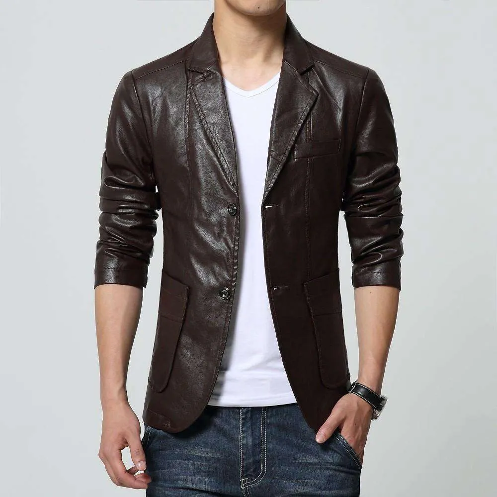 Turn-down Collar Slim Long Sleeve Two Buttons Leather Jacket