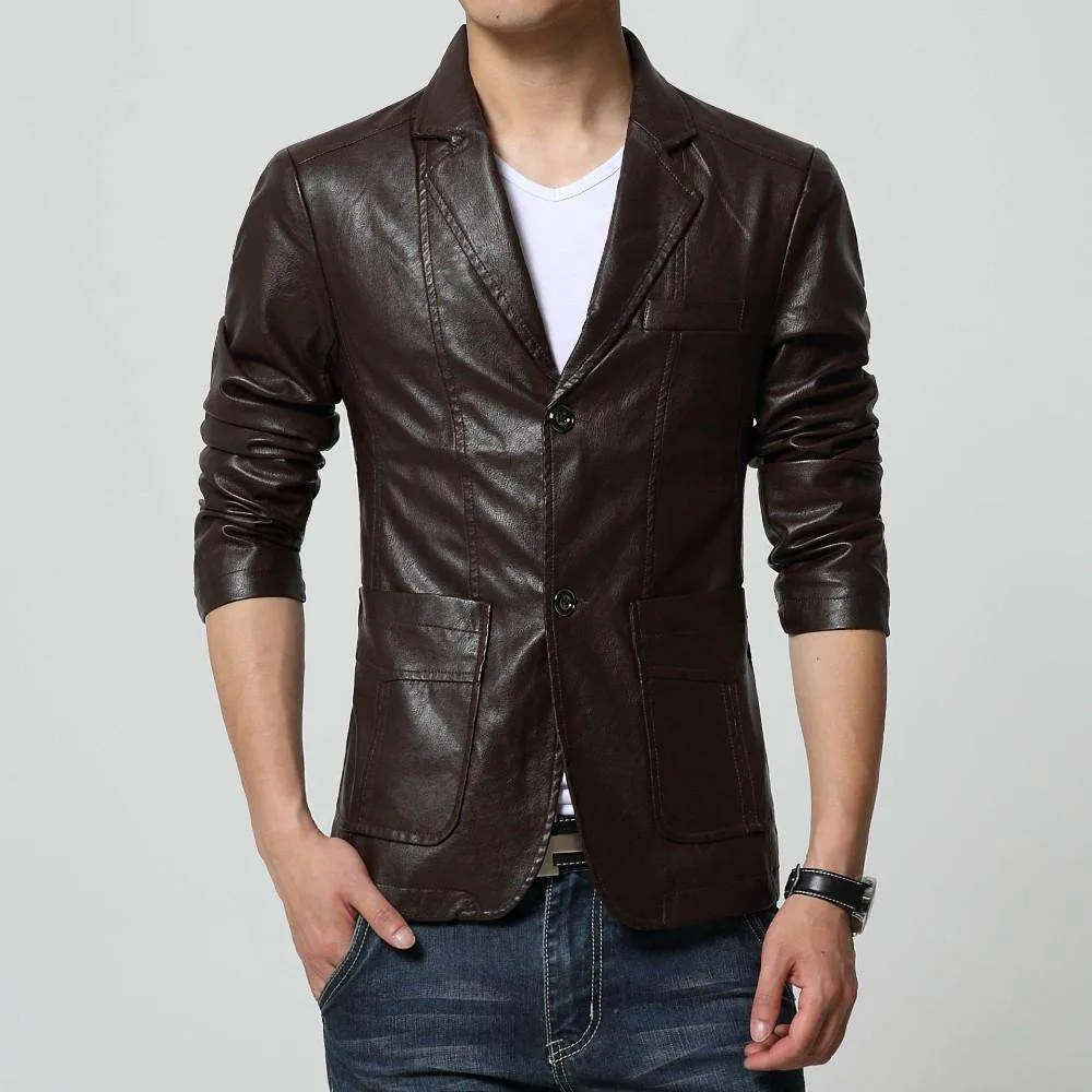 Turn-down Collar Slim Long Sleeve Two Buttons Leather Jacket