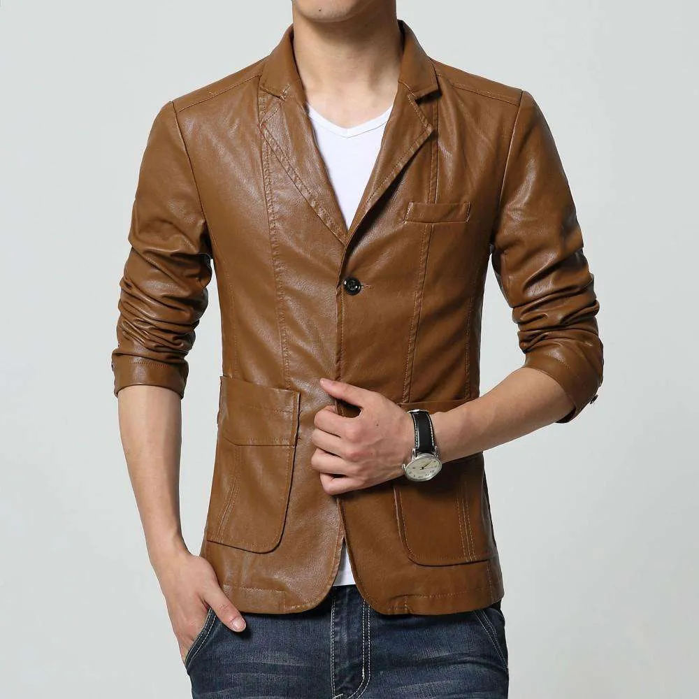 Turn-down Collar Slim Long Sleeve Two Buttons Leather Jacket