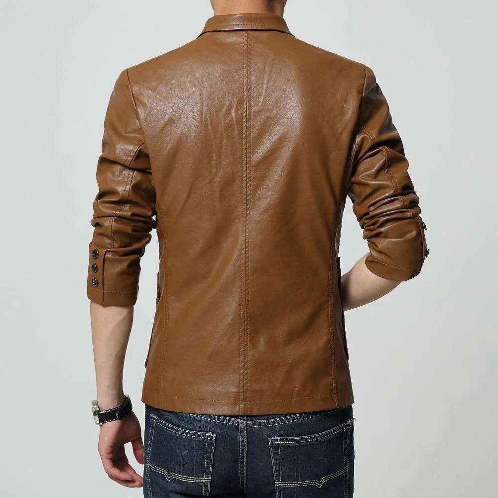 Turn-down Collar Slim Long Sleeve Two Buttons Leather Jacket