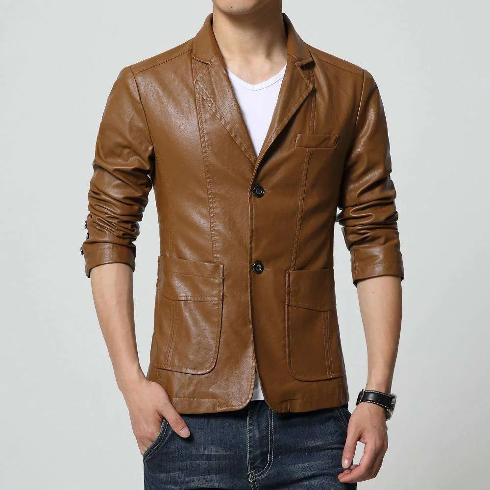 Turn-down Collar Slim Long Sleeve Two Buttons Leather Jacket