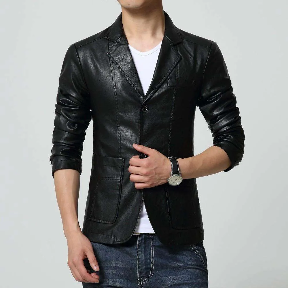 Turn-down Collar Slim Long Sleeve Two Buttons Leather Jacket