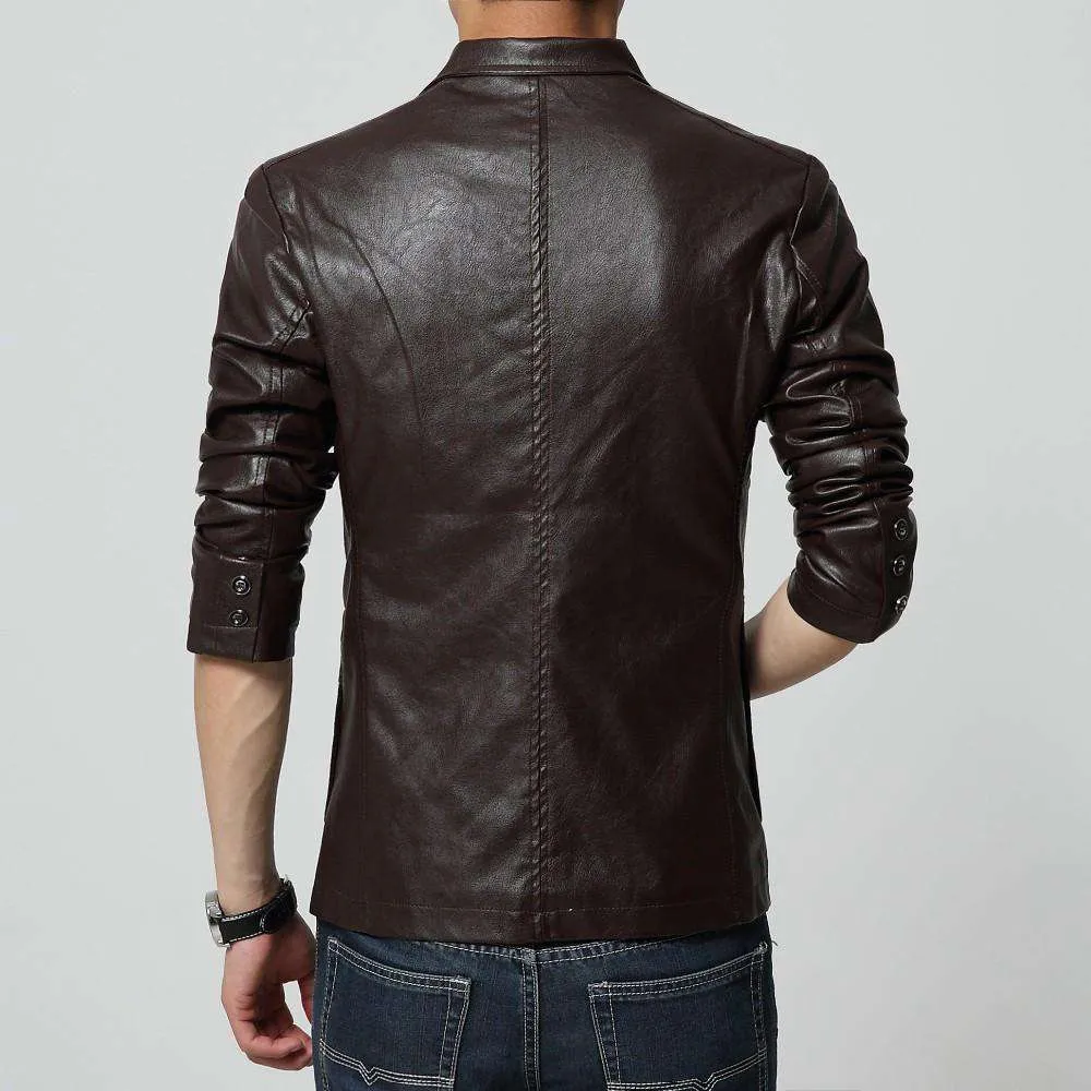 Turn-down Collar Slim Long Sleeve Two Buttons Leather Jacket