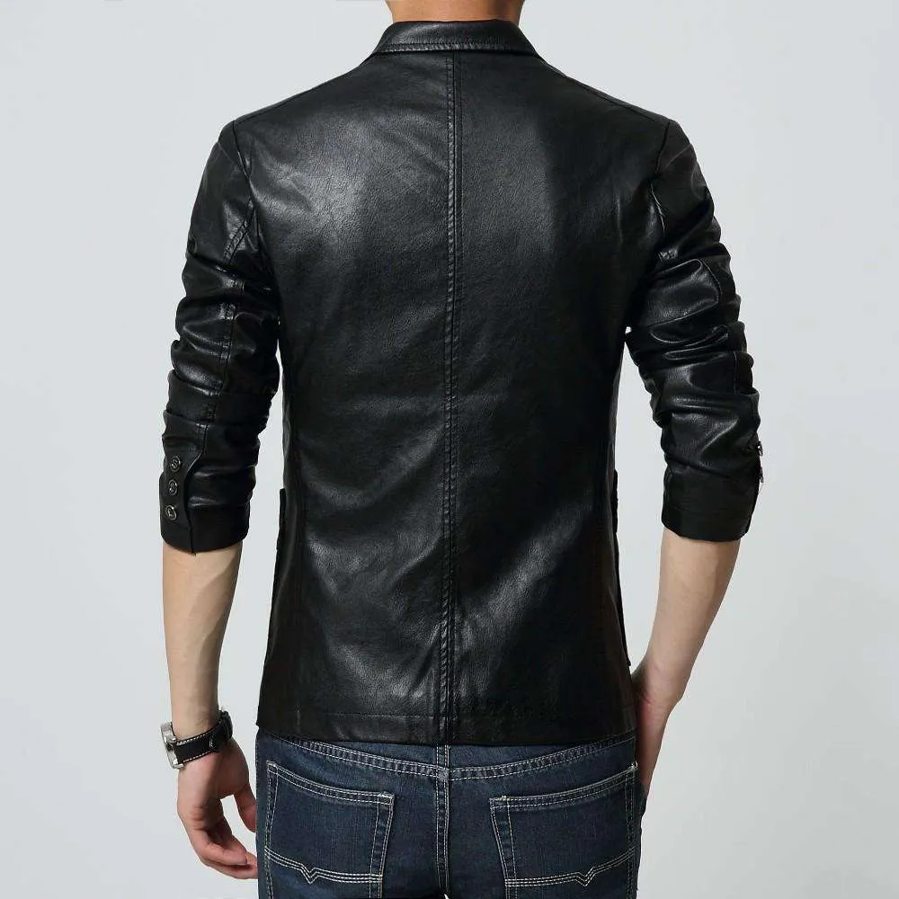 Turn-down Collar Slim Long Sleeve Two Buttons Leather Jacket