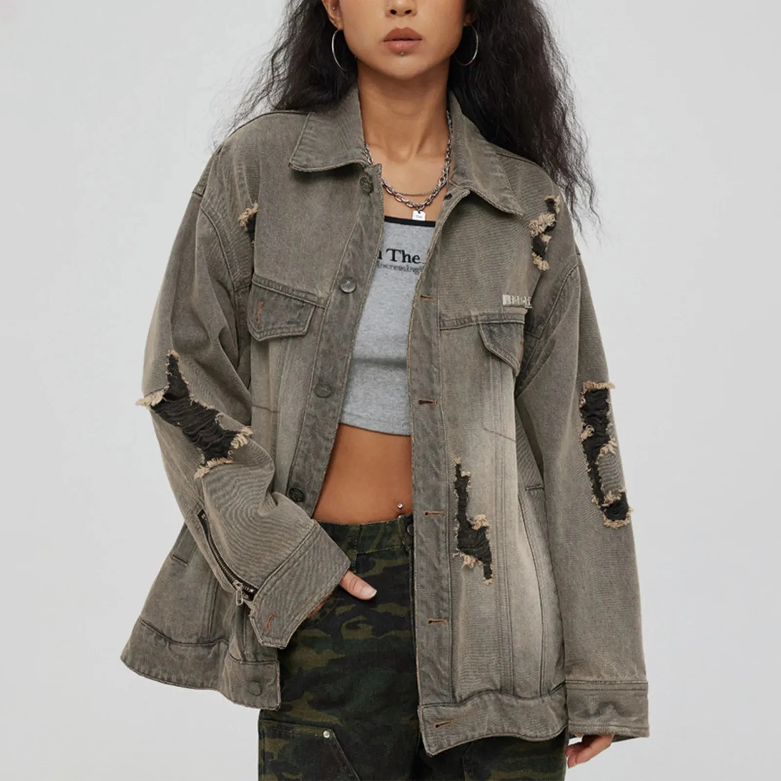 Vintage Distressed Denim Jacket with Fashionable Collar and Large Pockets