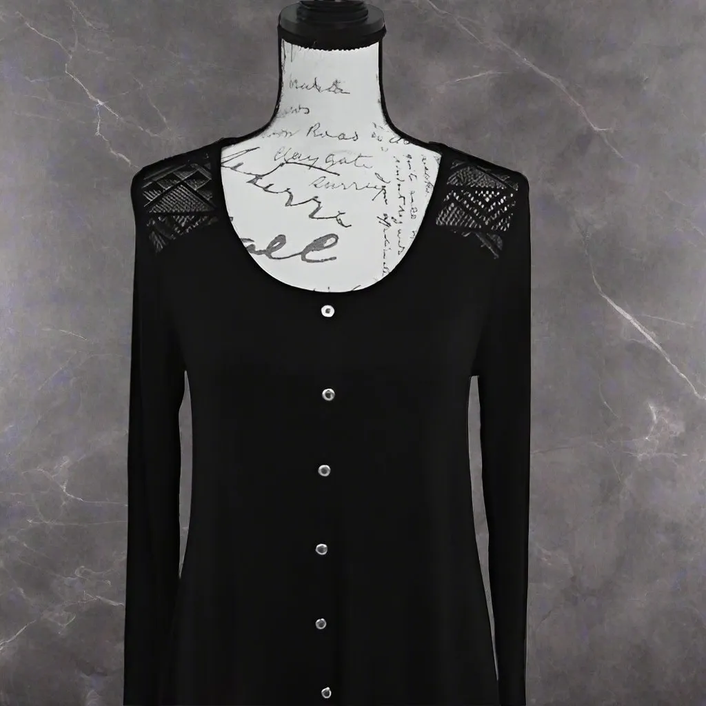 Womens Lace Trim Top Long Sleeve Shirt Solid Black Sizes S/M/L