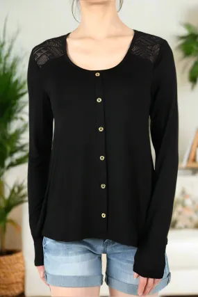 Womens Lace Trim Top Long Sleeve Shirt Solid Black Sizes S/M/L