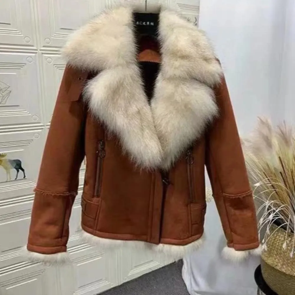 Women's Winter Thick Short Suede Coat With Fox Fur