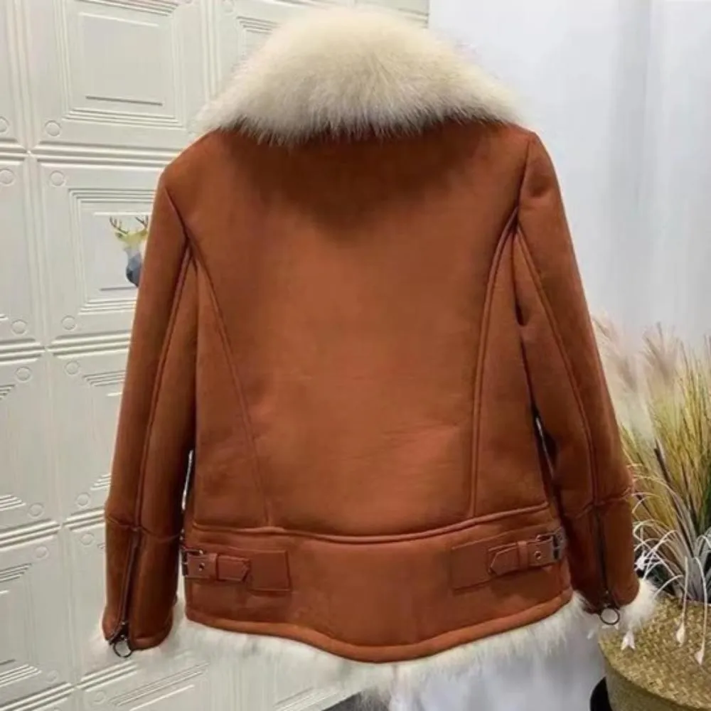 Women's Winter Thick Short Suede Coat With Fox Fur